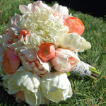 Coral Ranunculus, Cream mums,small  light pink and cream peony bouquet 