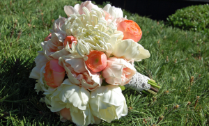 Coral Ranunculus, Cream mums,small  light pink and cream peony bouquet 