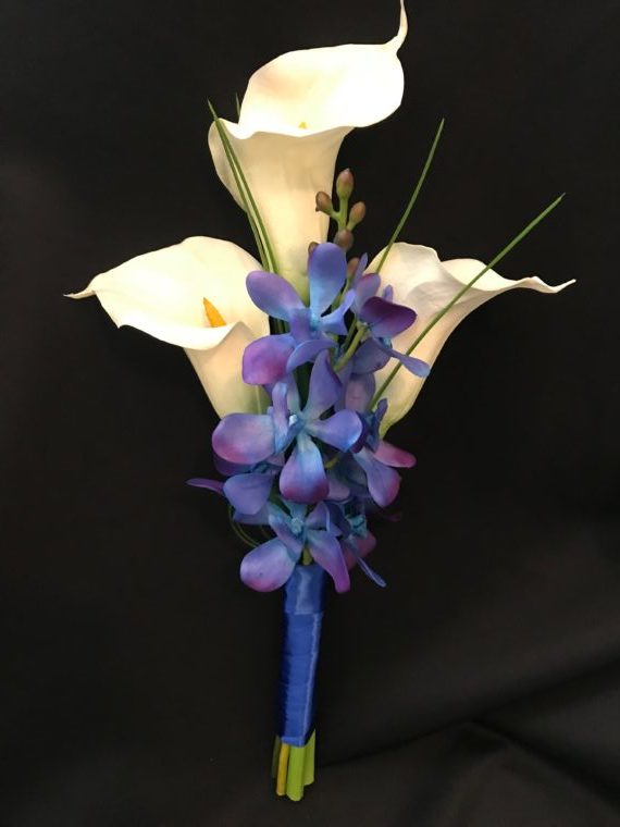 Purple Turquoise Calla Lily Bridal Wedding Bouquet & Boutonniere 